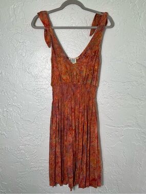 Go Fish Handmade Rayon Floral Midi Dress Boho Smocked Tie‎ Strap Sundress M